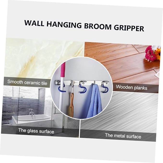 304 Stainless Steel Mop Broom Holder Wall-Mounted Organizer Hooks Heavy Duty Mop Hanger for Kitchen and Bathroom Easy Installation No Drill Required