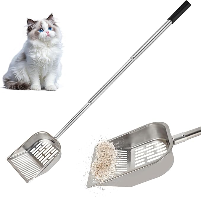 Cat Litter Scoop Metal Mesh, Kitty Scooper for Litter Box Cleaning Speed Sifting, Chicken Poop Scooper for Sand, Litter Sifter Shovel, Dog Coop Pooper Scooper -Stainless Steel Long Handle