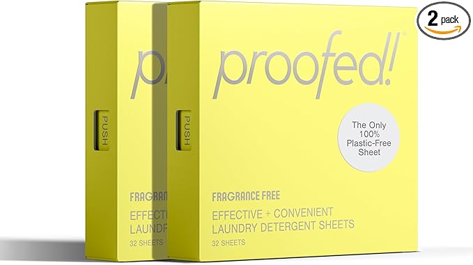 Proofed! Laundry Detergent Sheets, 64 Count, Fragrance-Free, The Only 100% Plastic-Free Sheet, No PVA or PVOH, Hypoallergenic, Bio-Based Ingredients, Made in USA, 2 Boxes
