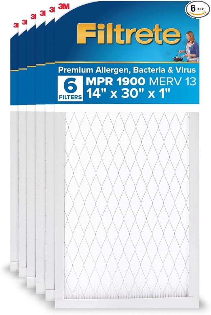 Filtrete 14x30x1 Air Filter, MERV 13, MPR 1900, Premium Allergen, Bacteria & Virus, 3-Month AC and Furnace Filter, Easy on Air Flow, 6 HVAC Filters (Actual Size 13.81 x 29.81 x 0.78 in)