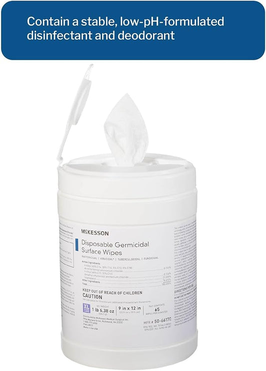 McKesson Germicidal Disinfecting Wipes [1 Pack of 65 Wipes]– XL Alcohol Wipes for Medical & Household Use, Hospital-Grade Surface Cleaner, Multi-Surface Cleaner & Sanitizer