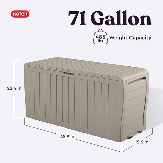 Keter Marvel Plus 71 Gallon Resin Outdoor Storage Box for Patio, Balcony & Garden – Weather‑Resistant Deck Box for Cushions, Pillows, Pool Floats & Tools, Beige