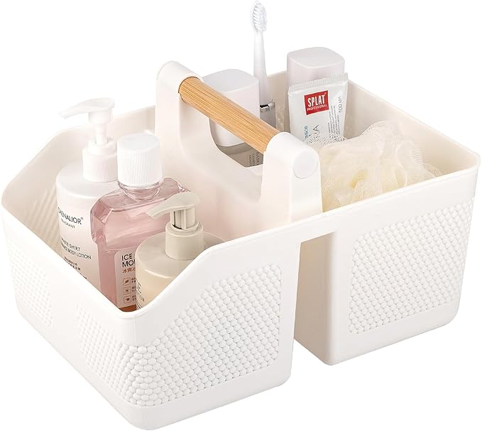 rejomiik Shower Caddy Portable with Bamboo Handle, Plastic Basket Cleaning Caddy Organizer Storage Tote for Bathroom, College, Dorm Room Essentials, White