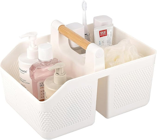 rejomiik Shower Caddy Portable with Bamboo Handle, Plastic Basket Cleaning Caddy Organizer Storage Tote for Bathroom, College, Dorm Room Essentials, White
