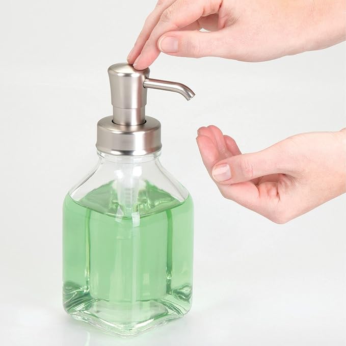 mDesign Square Glass Refillable Liquid Soap Dispenser Pump Bottle for Bathroom Vanity Countertop, Kitchen Sink - Holds Hand Soap, Dish Soap, Hand Sanitizer, Essential Oils - 2 Pack - Clear/Brushed