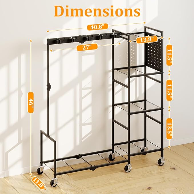 46" H Broom Holder with Cleaning Supplies Organizer, Mop Rack Storage with 4-Tier Shelves, 10 Gripper Clips, 4 Double-Hooks, 3 Hooks, Metal Utility Carts on Wheels for Home Essentials, Black