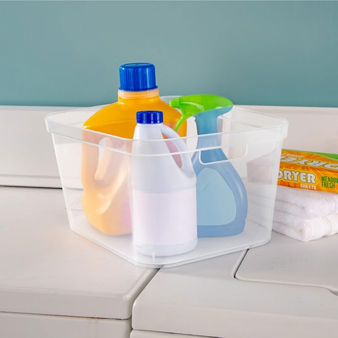 Sterilite 8.25x12.25x15 Inch Modern Polished Storage Bin w/Comfortable Carry Through Handles & Banded Rim for Household Organization, Clear (18 Pack)