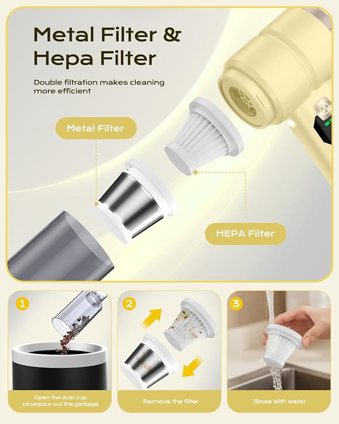 Portable Cordless Car Vacuum,4-in-1Handheld Cordless Vacuum with 30000Pa Suction,130000RPM,6800mAh Battery,10Nozzles,Rubber Paint Material for Car,Home,Birthday Gifts for Men Dad Husband(cream yellow)