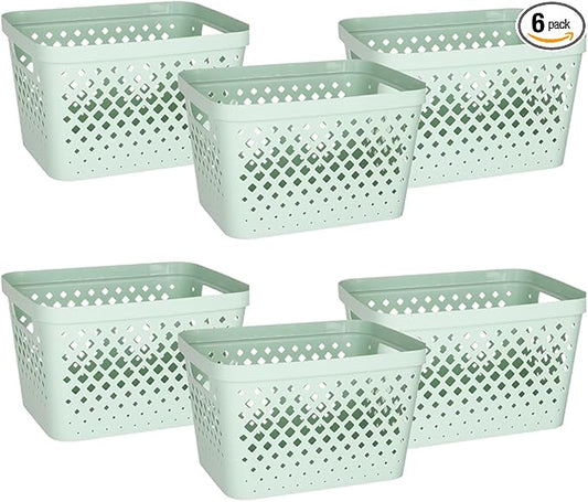 Glad Plastic Storage Basket Set, Value Pack of 6 | Open Storage Bins for Shelves, Bathroom, Pantry, Closet | Nesting Organizer Boxes with Handles, 4 Gallon, Sage