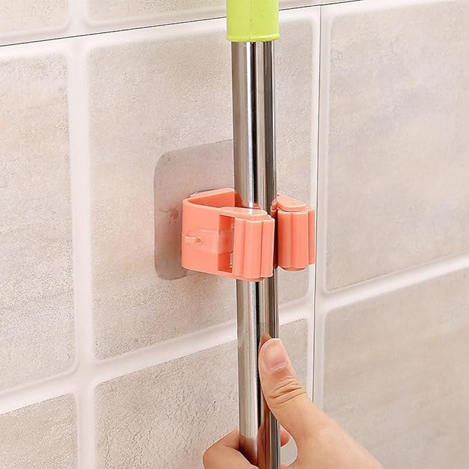 Broom And Mop Holder Clip 4 Pcs Mop Broom Wall Mounted Heavy Duty With Plastic Hooks Hanger No Drilling Mop Gripper For Home Bathroom Kitchen (pink)