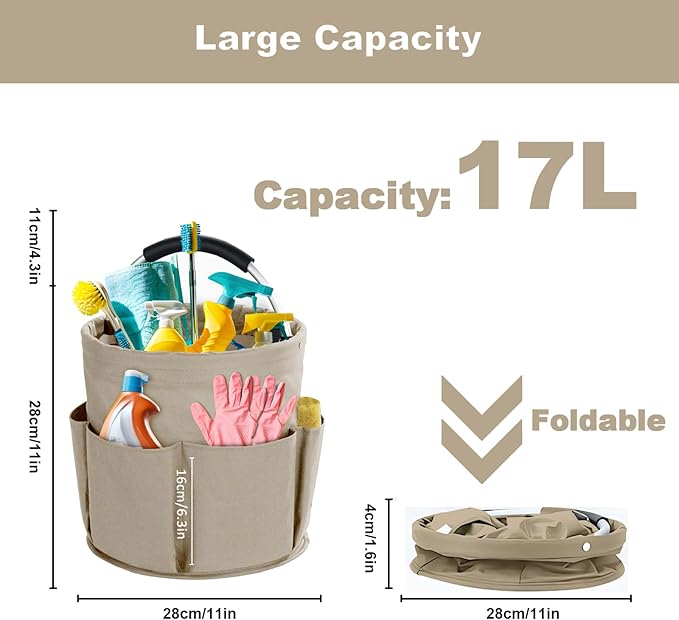Cleaning Caddy with Handle, Cleaning Products Organiser, 17L Foldable Storage Basket, Cleaning Caddy Organiser, Portable Multi Cleaning Bucket Bag for Home, Garden (Khaki)
