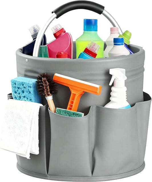 Cleaning Caddy with Handle, Cleaning Products Organiser, Foldable Storage Basket, Large Supply Organiser 17L with 6 Pockets, Portable Cleaning Caddy for Home & Garden (Dark Grey)