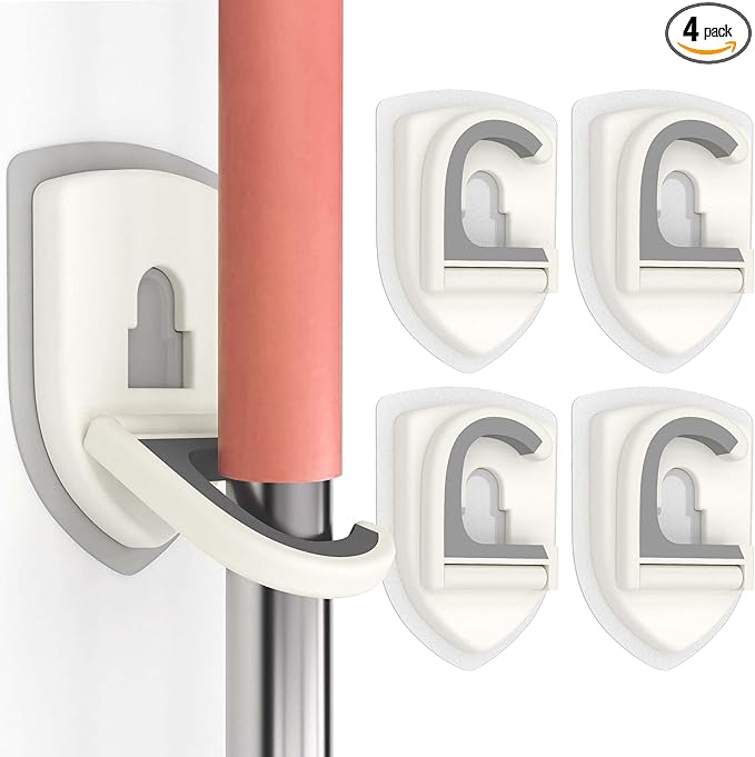 Broom Holder Wall Mount Self Adhesive, Broom and Mop Organizer Wall Hanging, No Drilling Anti-Slip Broom Hook Over Door for Home, Kitchen, Garden, Garage Storage 4-Pack