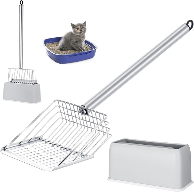 Tioncy Metal Cat Litter Scoop with Holder 17.5 Inch Long Handle Cat Scooper for Litter Box Deep Cat Fast Sifter Shovel Stainless Steel Cat Litter Sifter Scoop Pet Scooper for Kitten Cat Dog Poop