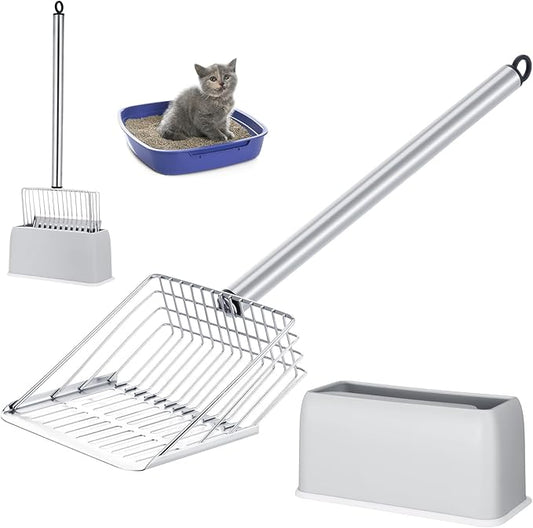 Tioncy Metal Cat Litter Scoop with Holder 17.5 Inch Long Handle Cat Scooper for Litter Box Deep Cat Fast Sifter Shovel Stainless Steel Cat Litter Sifter Scoop Pet Scooper for Kitten Cat Dog Poop