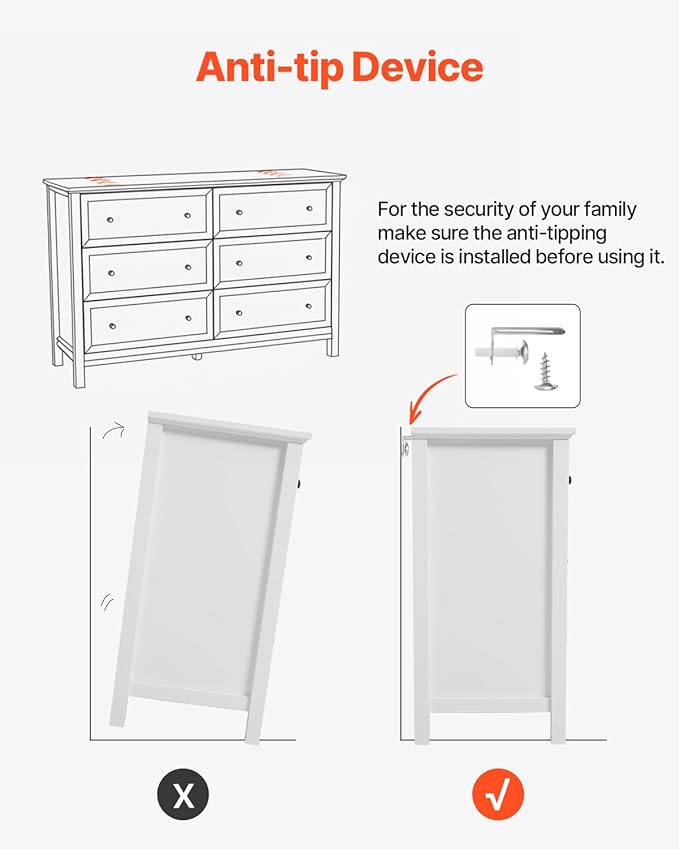 VEVOR 6 Drawer White Dresser, Wood Dresser Chest of Drawers with Middle Sliding Leg, Closet Storage Clothes Organizer for Bedroom, Living Room, Hallway, Entryway, Wide Drawer with Metal Handles