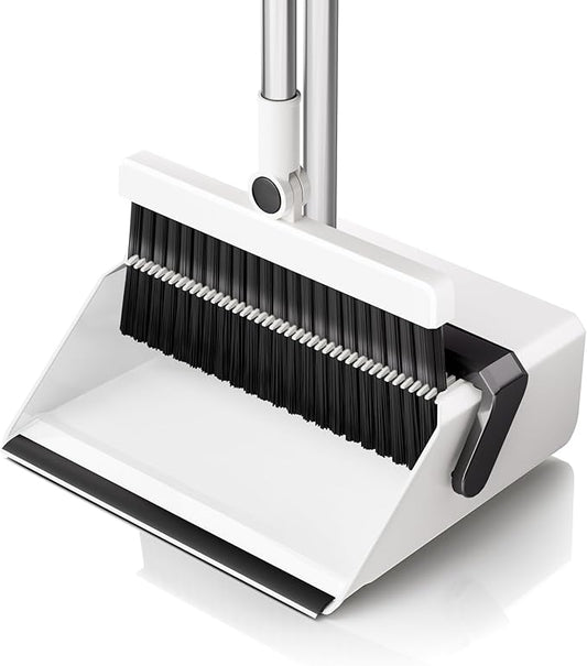 Broom with Dustpan Combo Set,UOEOS One-Sweep Clean,Pet Hair Removal Broom with Self-Cleaning Double-Layer Teeth,High Density Broom and Windproof Dustpan for Indoor&Outdoor