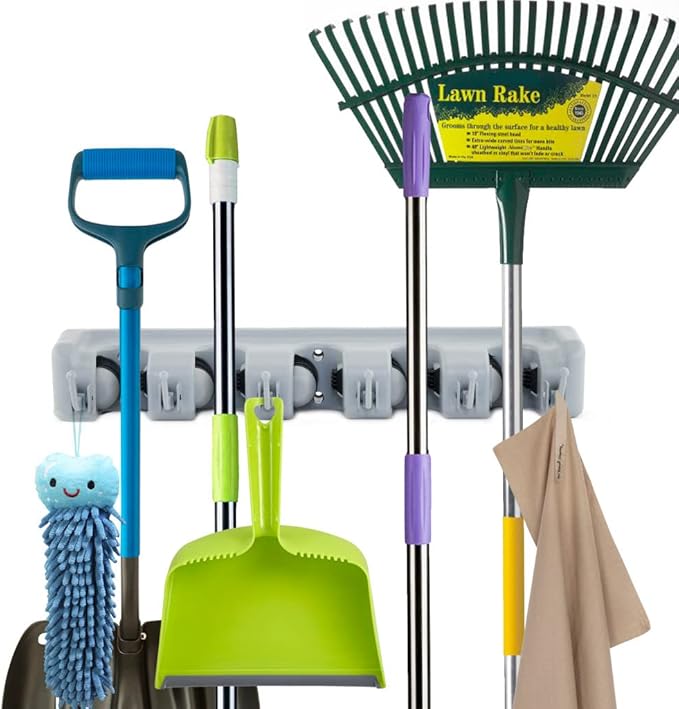 ForHauz Broom Holder with 5 Holding Positions & 6 Hooks, Easy Wall Mount Storage for Organizing Garage or Closet