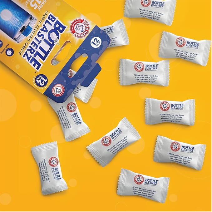 Arm & Hammer Bottle Blasterz - Drop-In Cleaning Tablets - Perfect for Water Bottles, Tumblers, and Coolers - All-Natural Ingredients, Eliminates Odors, Fast-Acting, Individually Packed (12 Count)