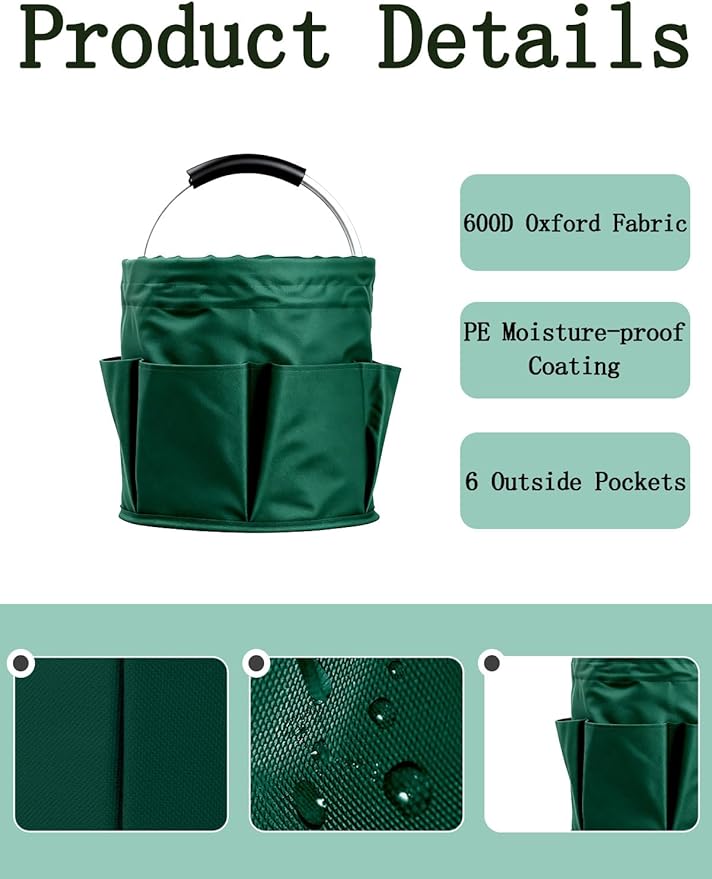 Cleaning Caddy with Handle, Cleaning Products Organiser, Foldable Storage Basket, Large Supply Organiser 17L with 6 Pockets, Portable Cleaning Caddy for Home & Garden (Green)