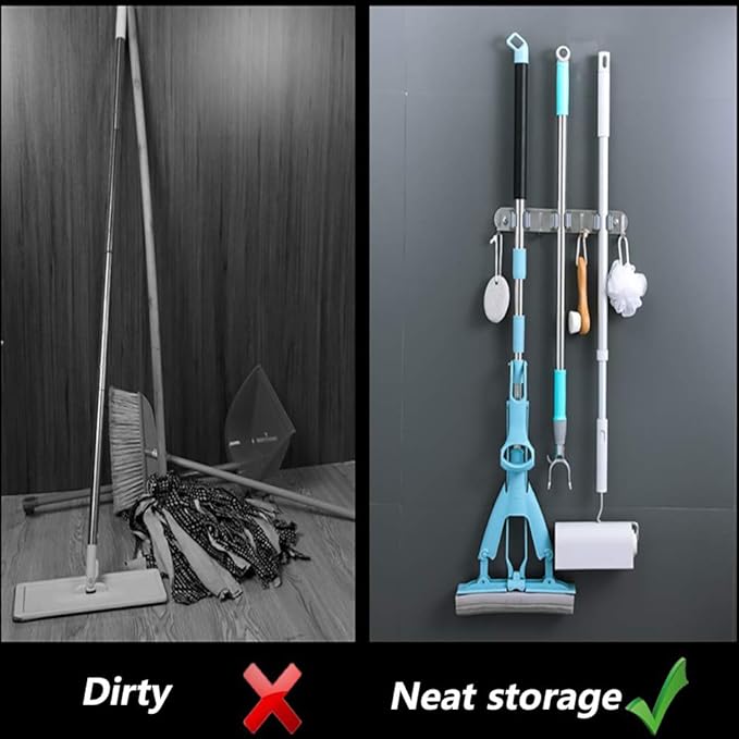 DGSL 1 PCS Broom Holder Wall Mount with 3 Racks 4 Hooks, Stainless Steel Wall Mounted Organizer Mop and Broom Storage Tool Rack for Home Kitchen Garden