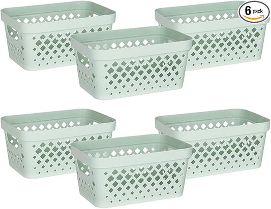 Glad Plastic Baskets for Organizing, Set of 6 | Pantry Storage for Under Counter, Linen Closet, and Bathroom | Nesting Shelf Bins with Handles, 1 Gallon, Sage