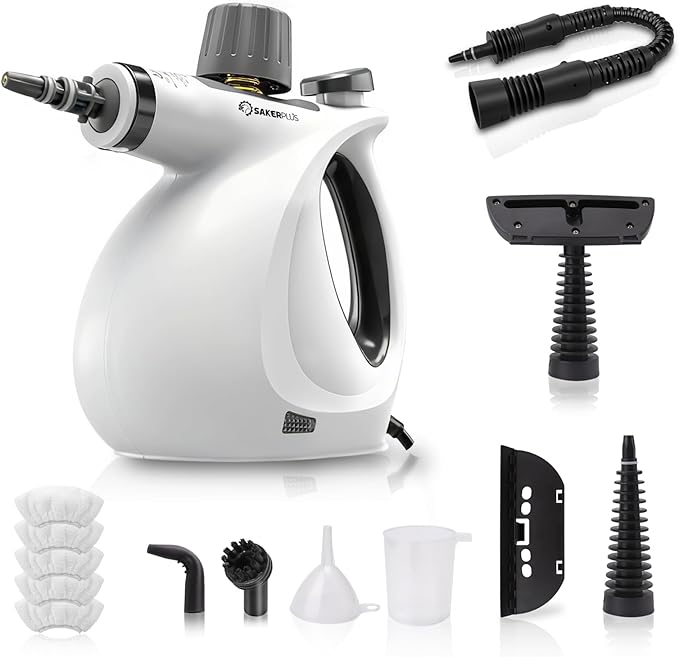 Steam Disinfection Cleaner, Handheld Pressurized Steamer with 9-Piece Accessories for Multi-Surface Cleaning, Natural Sanitization for Kitchen, Floor (1 x Steam Cleaner Kit + 4 Fiber Cloths)
