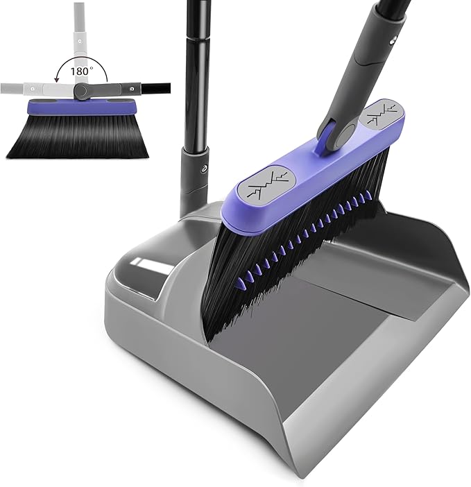 Broom and Dustpan Set for Home, 54-inch Long Adjustable Handle Broom with Stand Up Dustpan, 180 Degree Rotating Broom Head & Comb Teeth - Indoor Sweeping Combo for Kitchen Lobby Floor Office (Purple)