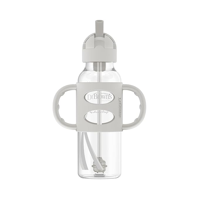 Dr. Brown's Milestones Narrow Sippy Straw Bottle, Spill-Proof with 100% Silicone Handles and Weighted Straw, 8 oz/250 mL, Gray/Pink, 6m+