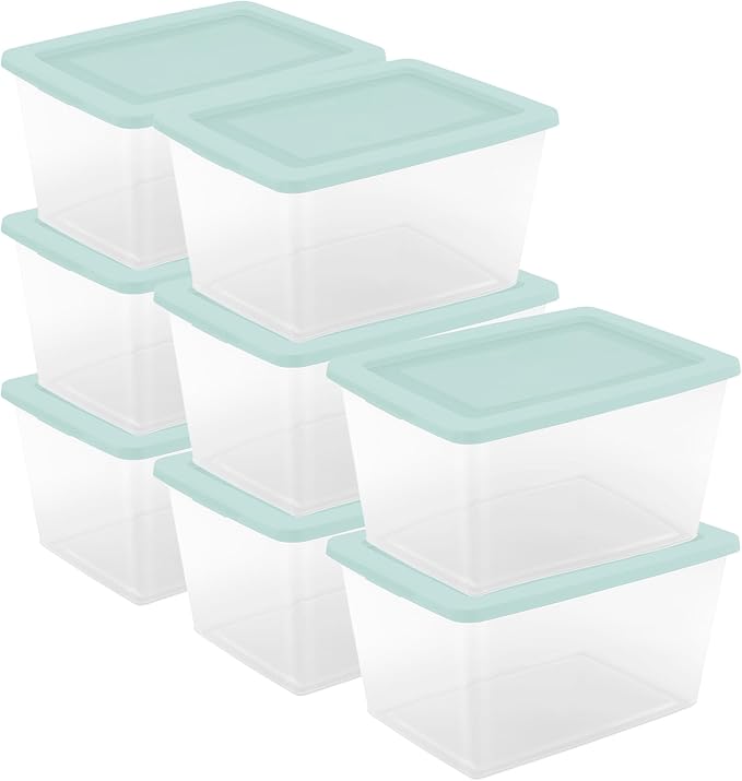 Sterilite 8 Pack Storage Boxes, Clear Plastic Stackable Containers, Lightweight Home Organizers with Snap Lids, 58 Quart, Mindful Mint