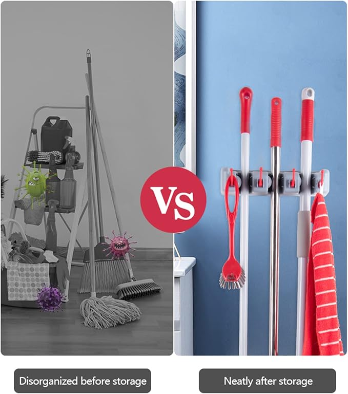 Broom and Mop Holder Wall Mount -Mop and Broom Storage Rack Wall Mounted Utility Rack (3 Slots 4 Hooks-Grey+Red)