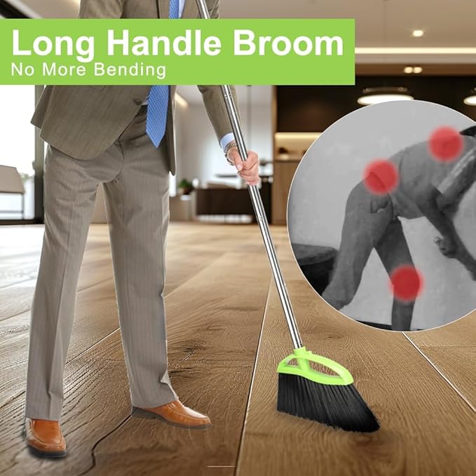 Soft Bristles Broom and Dustpan Set,Metal Dustpan with Indoor Broom, Green Angle Broom with Stand Up Dustpan for Hardwood Kitchen Floor Sweeping