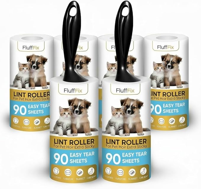 Extra Sticky Lint Roller Set 6 Pack 540 Sheets Wide Lint Remover Refills with 2 Easy Grip Handles Pet Hair Remover for Clothes Furniture Car Seats Bedding Couch Carpet and Laundry