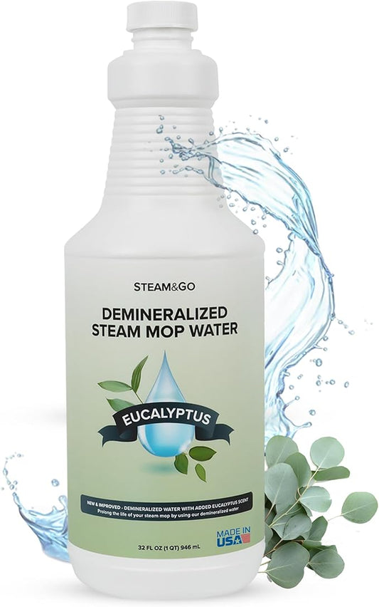 Steam & Go - Demineralized Water for Steam Cleaner, PVC-Free Floor Cleaner Liquid Compatible with Any Steam Mop, Ready-to-Use Multisurface Cleaner, Scented Mop Solution, Eucalyptus Mint, 32 oz