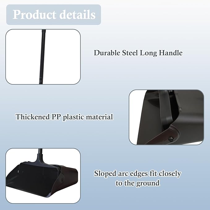 3-Pack Commercial Upright Dust Pan with Long Handle and Wheels – Heavy Duty Large Dust Pans for Indoor/Outdoor Use, Janitorial or House Cleaning Tools, Black Standing Dustpan
