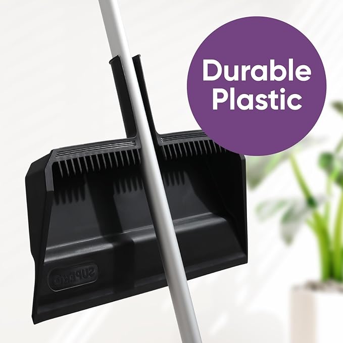 Superio 4-Pack Wide Plastic Dustpan with Comb - 16" Wide, Rubber Lip, Broom Handle Clip, Black