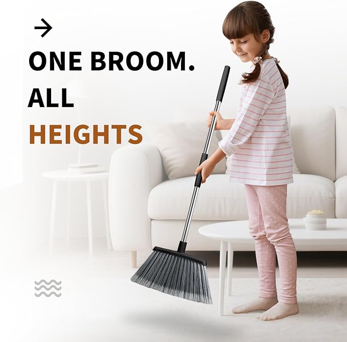 Broom, Outdoor Brooms for Sweeping Indoor, Adjustable 55" Pet Hair Removal Heavy Duty Broom for Floors Home Kitchen Garage Commercial Patio Industrial Snow (Black)