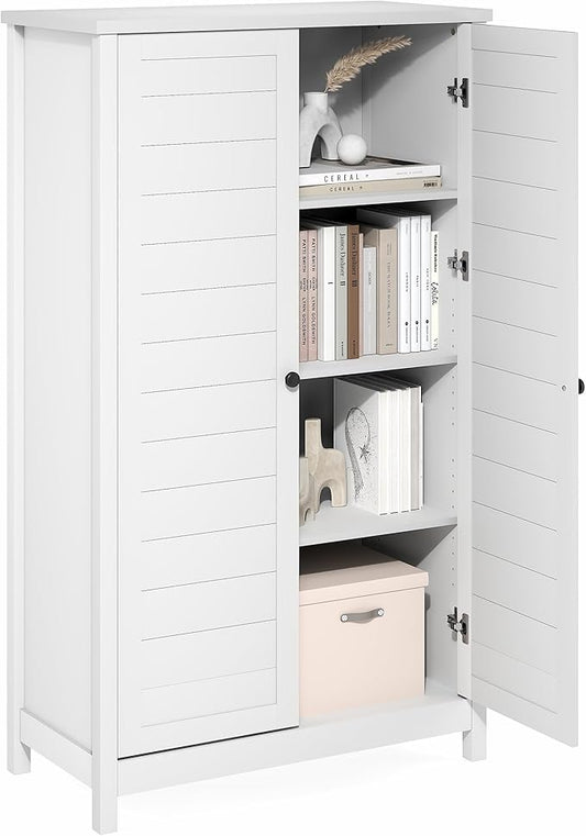 Furinno Robin Storage Cabinet, 4-Tier Pantry Cabinet with Adjustable Shelves, 35W with Louvered Doors, Kitchen Cabinet, Organization and Storage, for Pantry, Living Room, Home Office, White