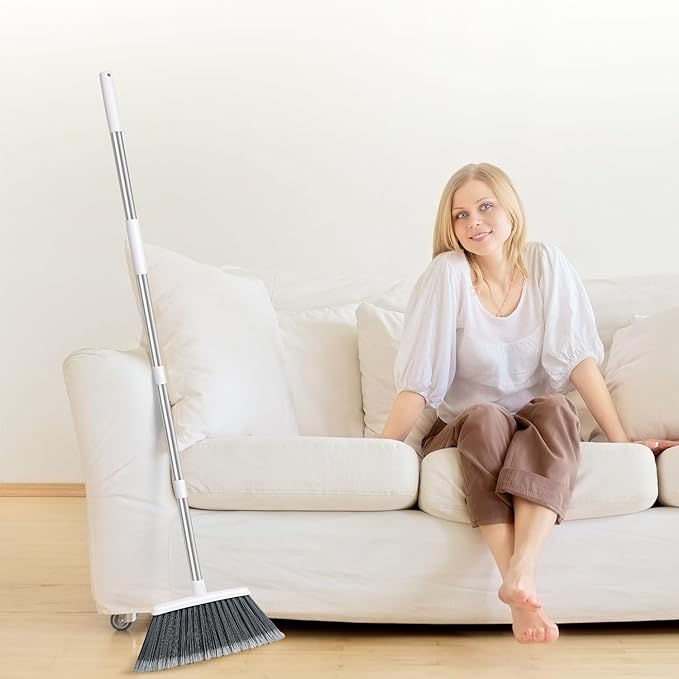 Broom, Outdoor Brooms for Sweeping Indoor, Adjustable 55" Pet Hair Removal Heavy Duty Broom for Floors Home Kitchen Garage Commercial Patio Industrial Snow (White)