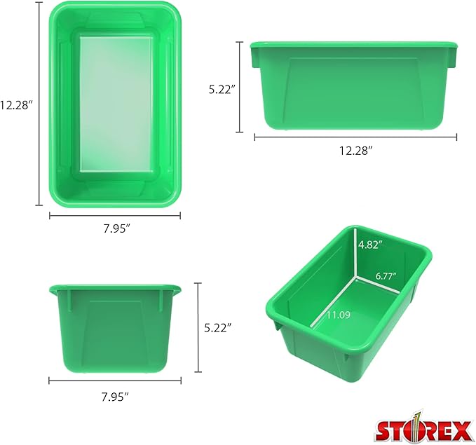 Storex Small Cubby Bins – Plastic Storage Containers for Classroom with Non-Snap Lid, 12.2 x 7.8 x 5.1 inches, Green, (62409U05C) (Pack of 5)