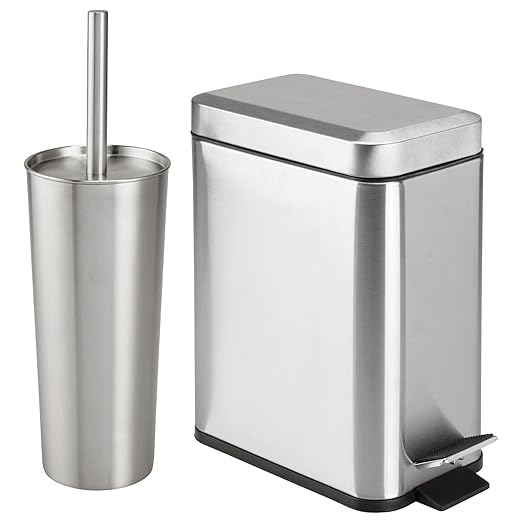 mDesign Metal Freestanding Slim Toilet Bowl Brush and Holder + Rectangle Narrow 5 Liter / 1.3 Gallon Step Pedal Trash Can Wastebasket for Bathroom - Small, Compact Design - Set of 2 - Brushed/Chrome