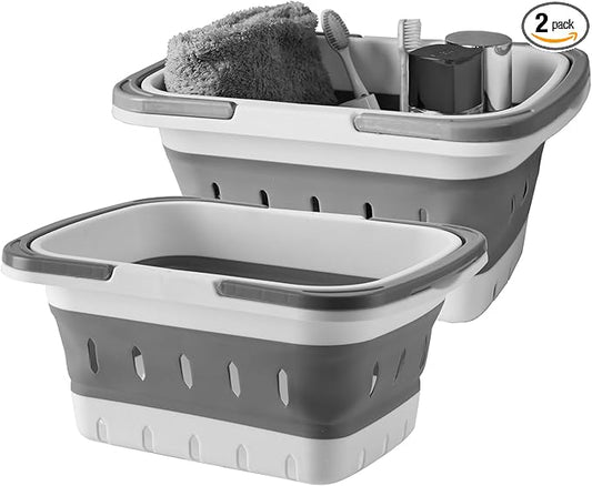 Portable Folding Plastic Bath Caddy with Handle, Perforated, Travel Bathroom Organizer for Bedroom, Bathroom, Shower, Dorm Room, Camping and RV Use (Grey, 2 pack)