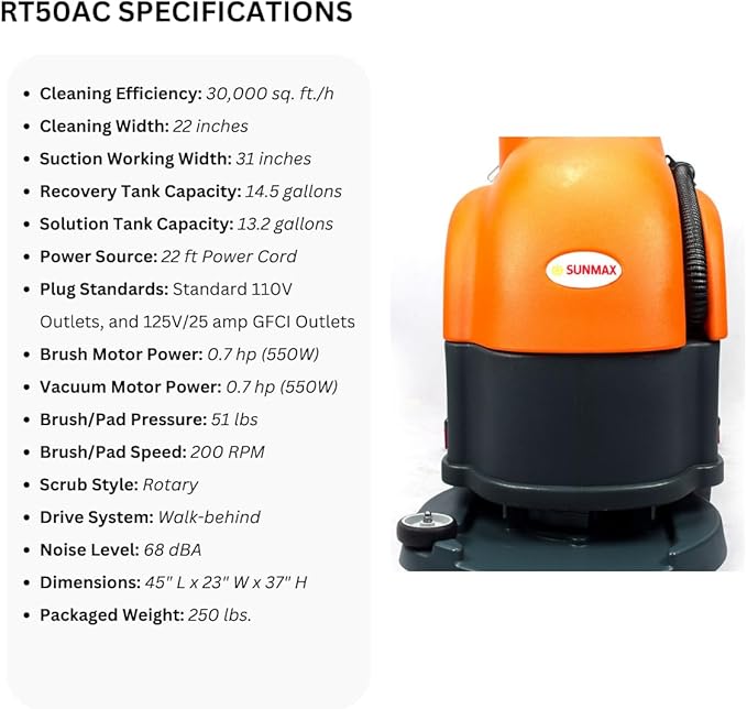SUNMAX RT50AC 22" Electric Floor Scrubber Dryer Machine, 22 FEET Power Cord, 14.5-Gal Sewage Tank, 22" Brush/Pad Cleaning Width; 31" Squeegee Width