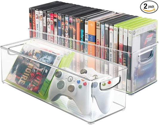mDesign Household Storage Bin for DVDs, PS4 and Xbox Video Games - Pack of 2, Large, Clear