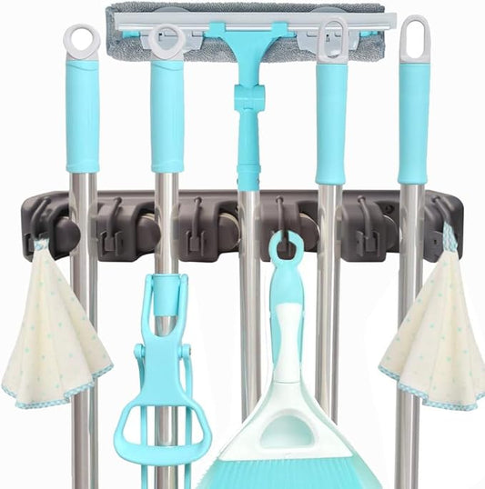C-CHAIN Mop and Broom Holder, 5 Position with 6 Hooks Garage Storage Holds up to 11 Tools, Multipurpose Wall Mounted Tool Rack Organizer for Kitchen Garage,Grey