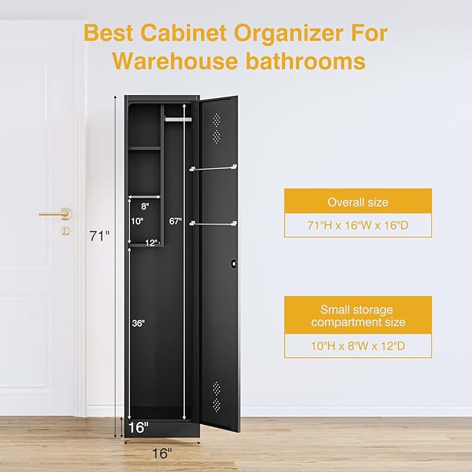 STANI 71" H Broom Closet Storage Cabinet Metal Cleaning Tool Cabinet Utility Closet Cleaning Supplies with Locking Door Broom Rack Shelf for Broom mops Garage Storage Black