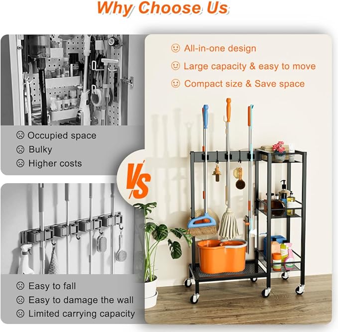 Broom and Mop Holder with Cleaning Supplies Organizer, Narrow Cleaning Cart with Cleaning Caddy, 25.6"W Medium Cleaning Rack with Grippers Rack Hooks for Housekeeping Laundry Room Organization