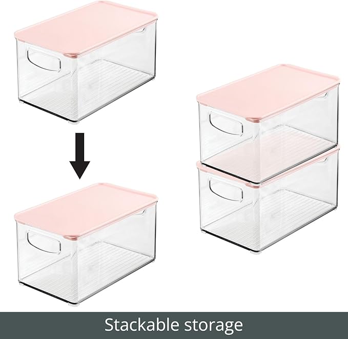 mDesign Deep Plastic Bathroom Storage Bin Box, Lid/Built-in Handles, Organization for Makeup, Hair Styling Tools, Toiletry Accessories in Cabinet, Shelves, Ligne Collection, 2 Pack, Clear/Pink