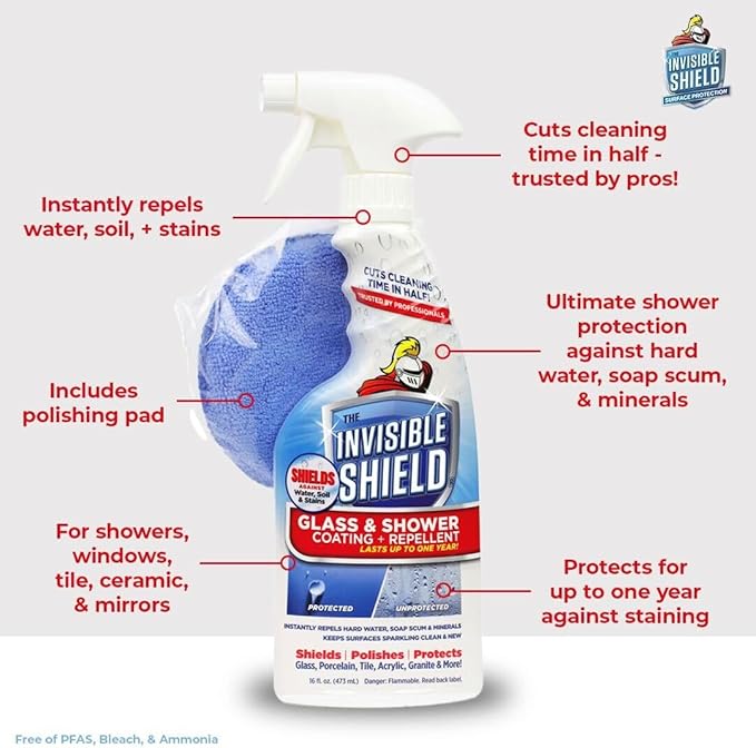 Invisible Shield Glass Shower Coating Spray for Showers, Mirrors, Windows, Wall Tile Against Soap Scum, Hard Water Minerals and Grime with Long Lasting Protection (2 Pack) 16 oz