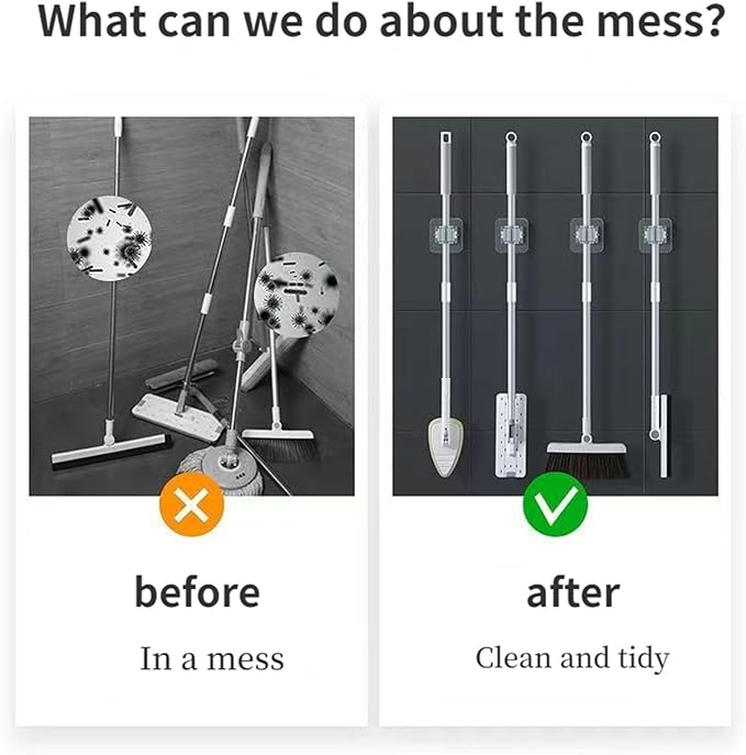 4PCS Mop Broom Holder Wall Mounted Clip Grippers Self-Adhesive No Drilling Racks Anti-Slip Hooks Wall Mount Grippers